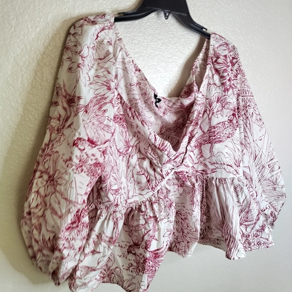 Express Printed Off Shoulder Twist Front Peplum Top Puffy Sleeves Sz Xl - Picture 3 of 8